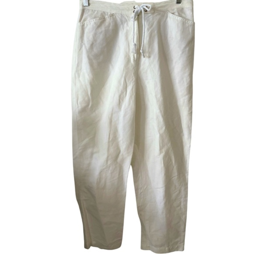 Talbots White Irish Linen Blend straight leg pants with rope tie‎ closure